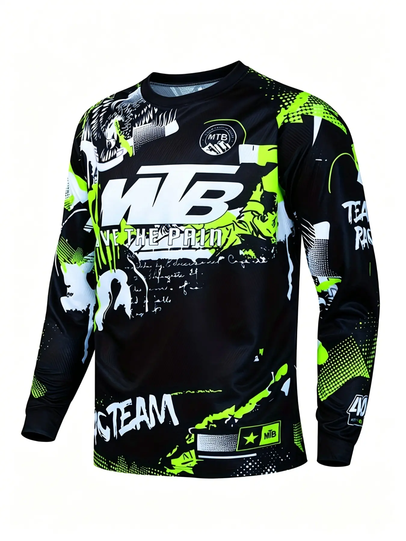 Men's MTB Mountain Bike Long Sleeve T-Shirt, Cycling Shirt, Fluorescent Graffiti Eagle 'live the Pain' Print, Quick-Dry Top, Casual Loose Fit