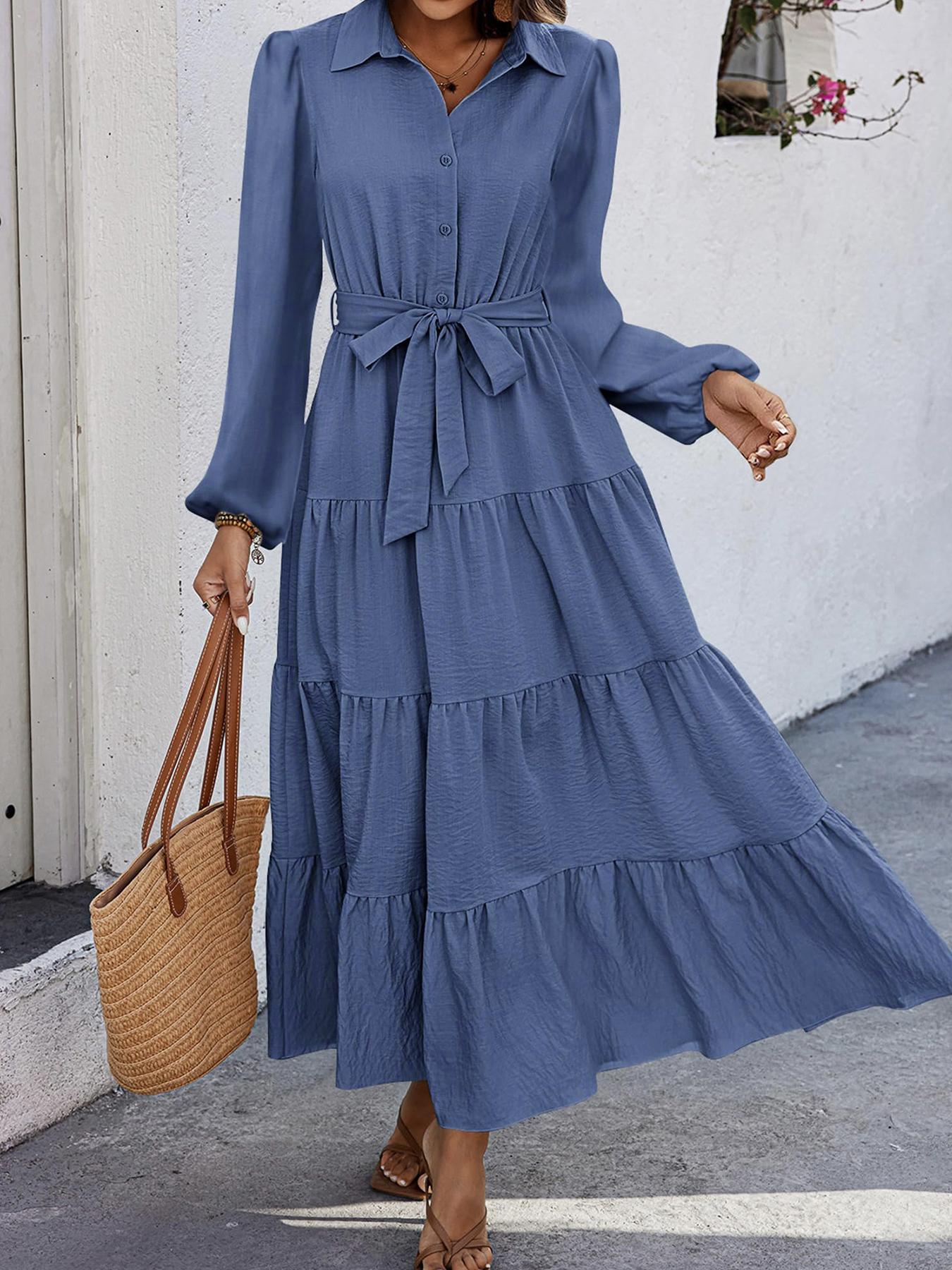 V Neck Pleated Belt Waist Tie Casual Long Sleeve Dress, Comfortable Resort Wear for Women, Stylish Summer Dress for Any Occasion