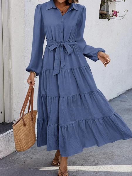 V Neck Pleated Belt Waist Tie Casual Long Sleeve Dress, Comfortable Resort Wear for Women, Stylish Summer Dress for Any Occasion