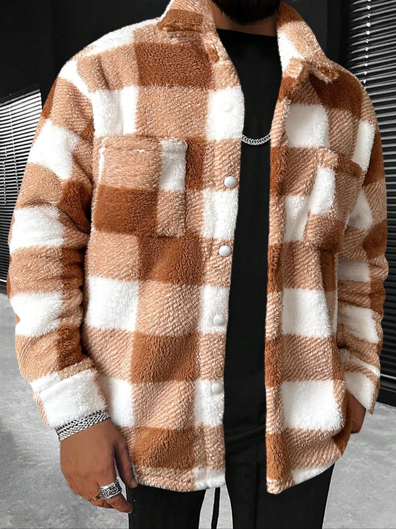 Men's Plaid Pattern Button Front Plush Jacket, Casual Drop Shoulder Long Sleeve Outerwear for Fall & Winter, Men's Clothes for Daily Wear, Coats