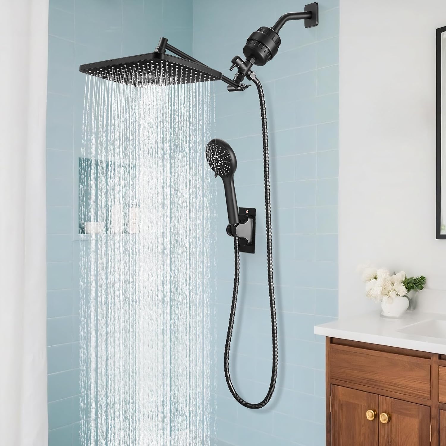 Upgraded Filtered High  Rainfall Showerhead Combo with Arm for Bathroom Accessories, Rain Shower  with Handheld, Detachable Dual Shower with Multi Modes Handheld  Matte Black