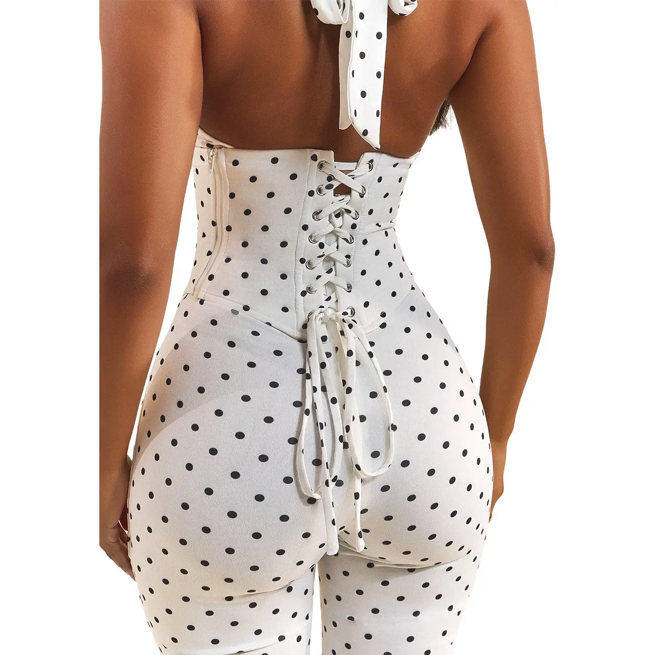 Fashionable women's halter neck polka dot fishbone zipper waist-cinching three-quarter jumpsuit (fake two-piece set)