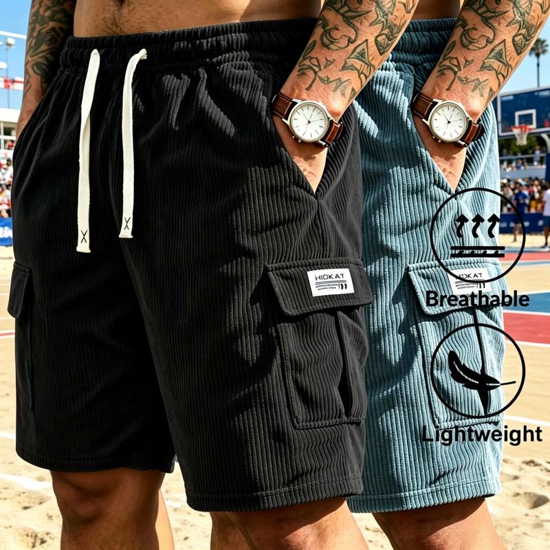 2PC Men's Sports and Casual Shorts, Cropped Shorts, Summer Corduroy Elastic Waist Drawstring, Comfortable and Breathable, Beach Outdoor Hiking, Daily Commuting Outfit