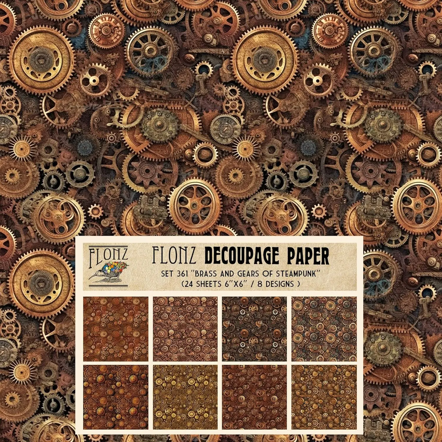 24 Sheets 6"x6" Decoupage Paper Pack Steampunk Brass Gears Vintage Styled Pattern Paper for Decoupage Craft and Scrapbooking