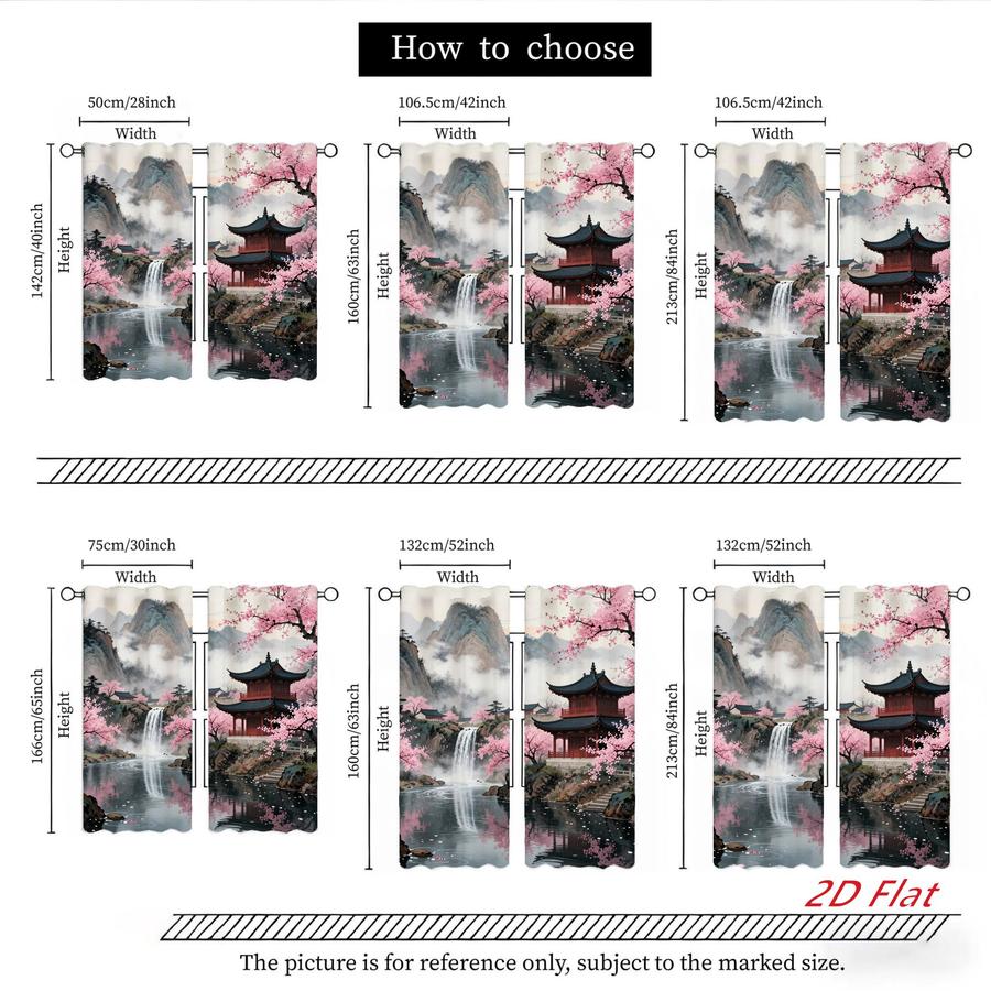 2Pcs Traditional Chinese Landscape Pagoda Cherry Blossom Waterfall Pattern Curtains Digital Printed Rod Pocket, Window Treatment For Bedroom Office Kitchen Living Room Study Home Decor
