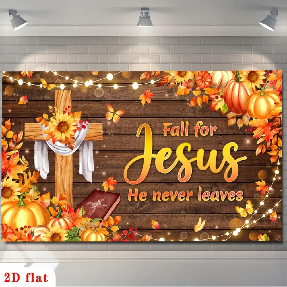 2D Flat Banner HD digitally printed polyester photography backdrop, fall themed with pumpkins, maple leaves and wooden cross design background cloth, soft lightweight foldable, suitable for party events, religious gatherings, prod