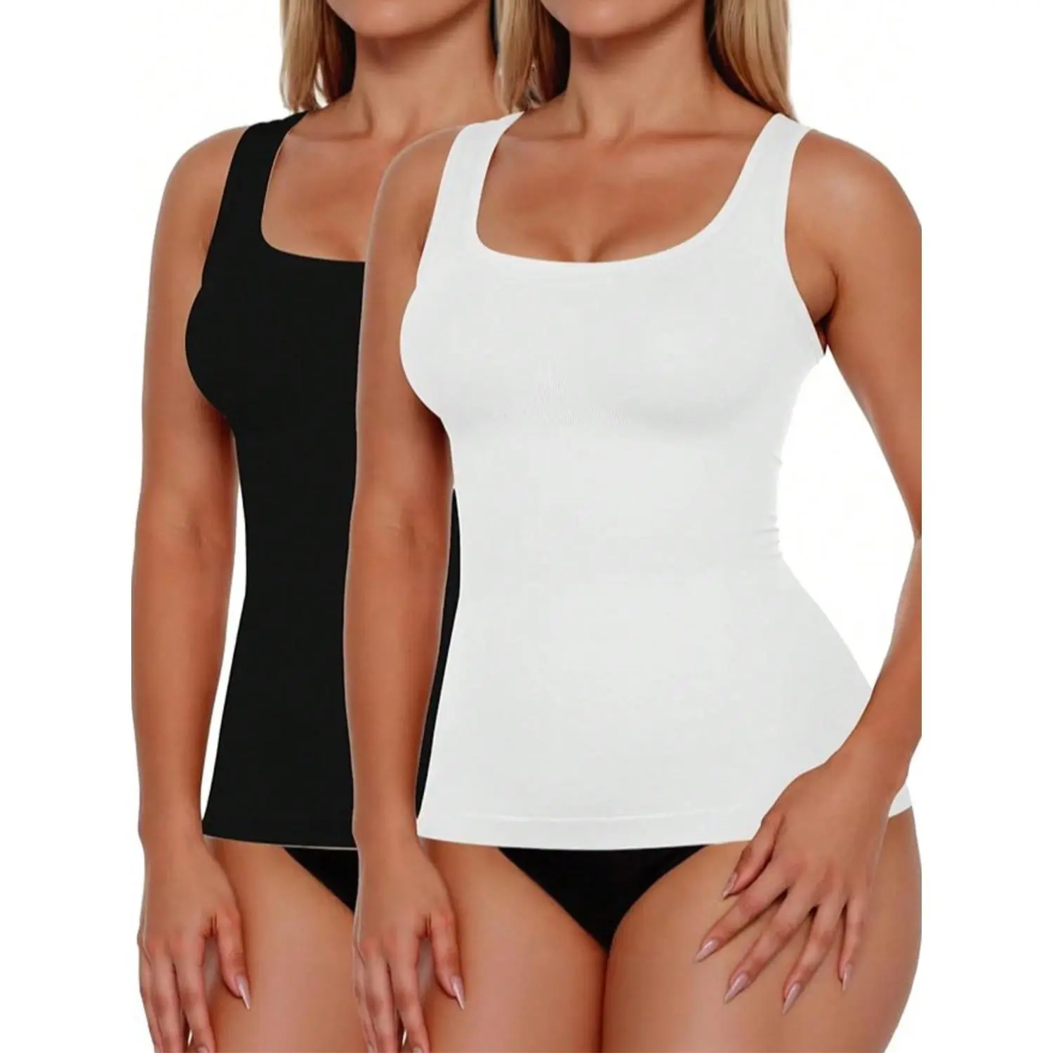 2PCS Women's  Tummy Control U Neck Camisole Tops For Women Seamless Compression Tank Top Regular Plus Size,summerwins everyday wear High-Waist Lace Girdle  Panty solid color Backless Shapewear Bodysuit with Bra Cup body shaper zipper bodysuit black