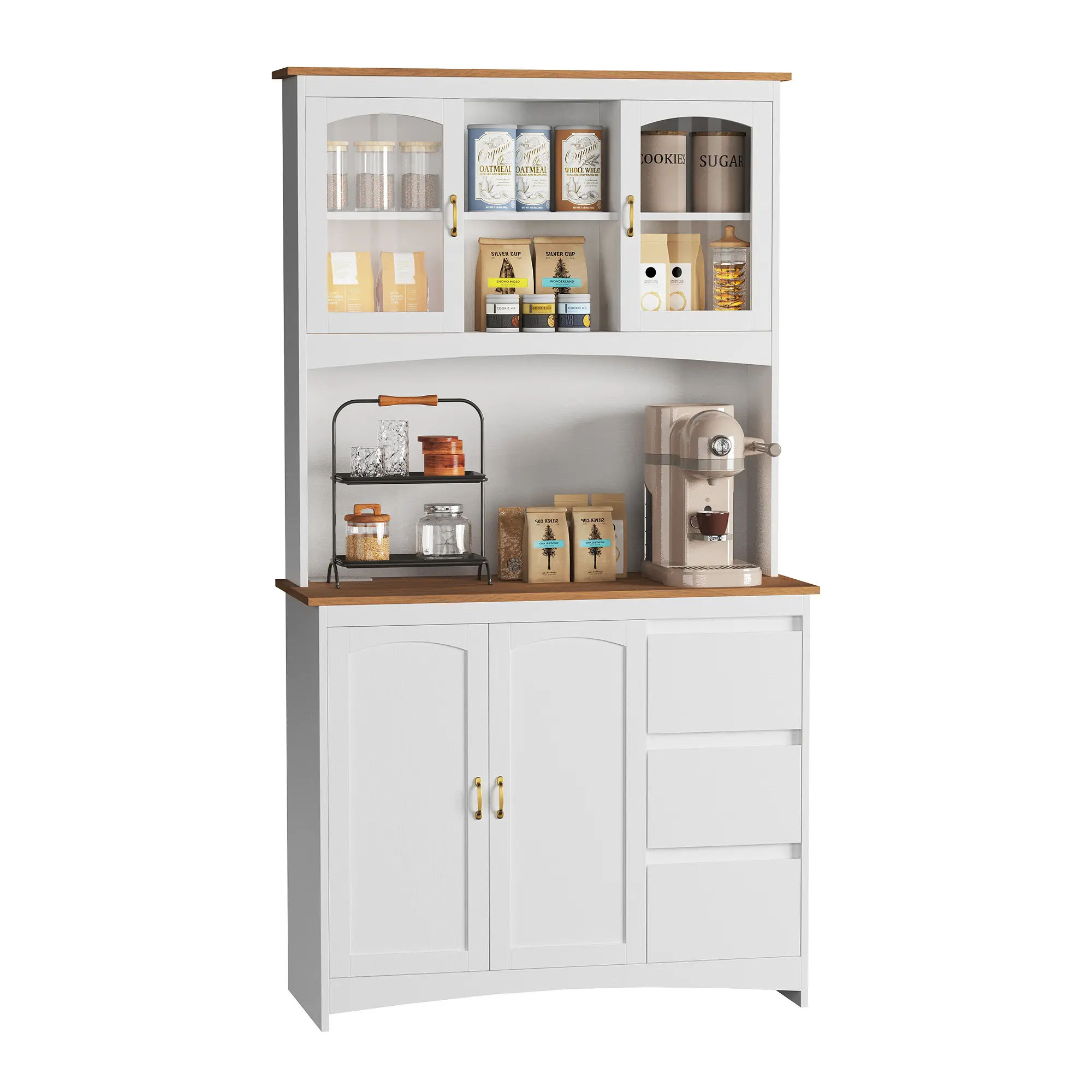 LED-Lit Kitchen Pantry Cabinet with Charging Station – 71" Tall Dining Room Hutch – Countertop, 3 Drawers, 4 Doors, Adjustable Shelves, Microwave & Coffee Bar Storage – Vintage White & Brown – Golden Handle