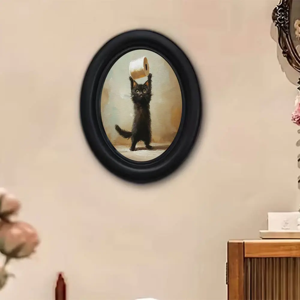 Funny Cute Cat Art Print, Standing Small Cat Holding Toilet Paper Roll, Soft Background, Oval Frame, Wood Wall Art, Home Decor