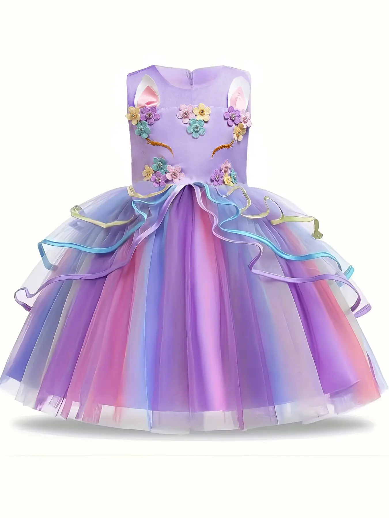 New Unicorn Short Dress, Colorful Mesh Patchwork Dress, Girl Princess Dress, Halloween Costume, Birthday Party, School Festival Dress