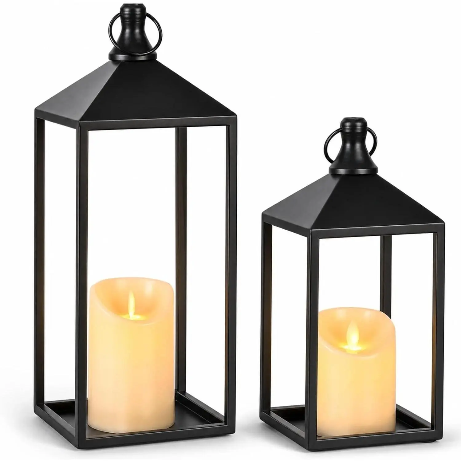 2 count Black Decorative Metal Lanterns  Lantern Decor with Candles | 15" 11" Outdoor Candle Lanterns for Covered Patio, Porch, Fireplace Mantel, Table Centerpiece, No Glass Lantern Decor