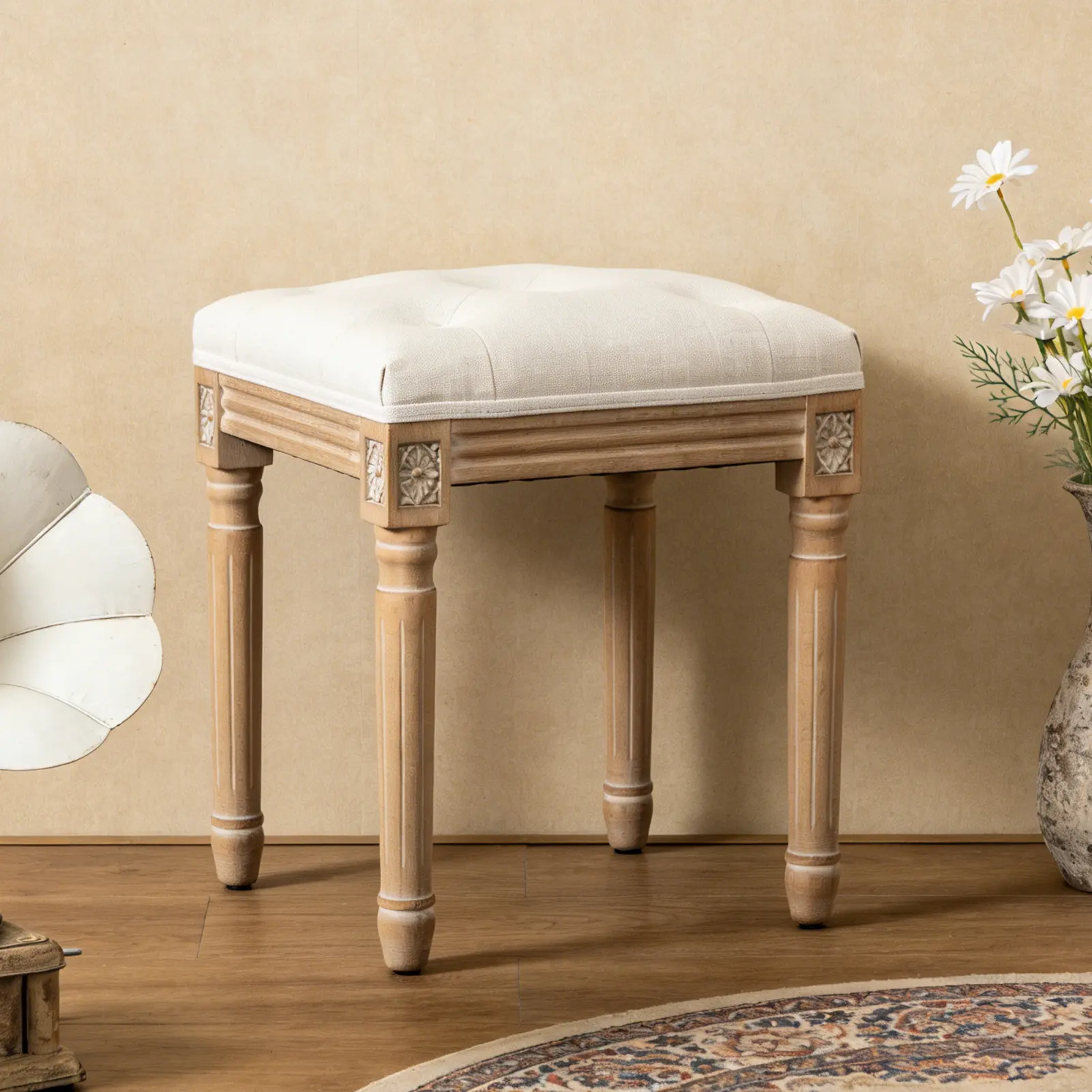 ARCH Tufted Vanity Stool with Linen Upholstery & Carved Solid Wood Legs, Dressing Bench for Bedroom, Beige, 300 LBS Capacity, Easy Assembly, Non-Marking Protectors, 11.8"W x 15.7"D x 18.1"H, Beige Color Options, Solid Wood Material