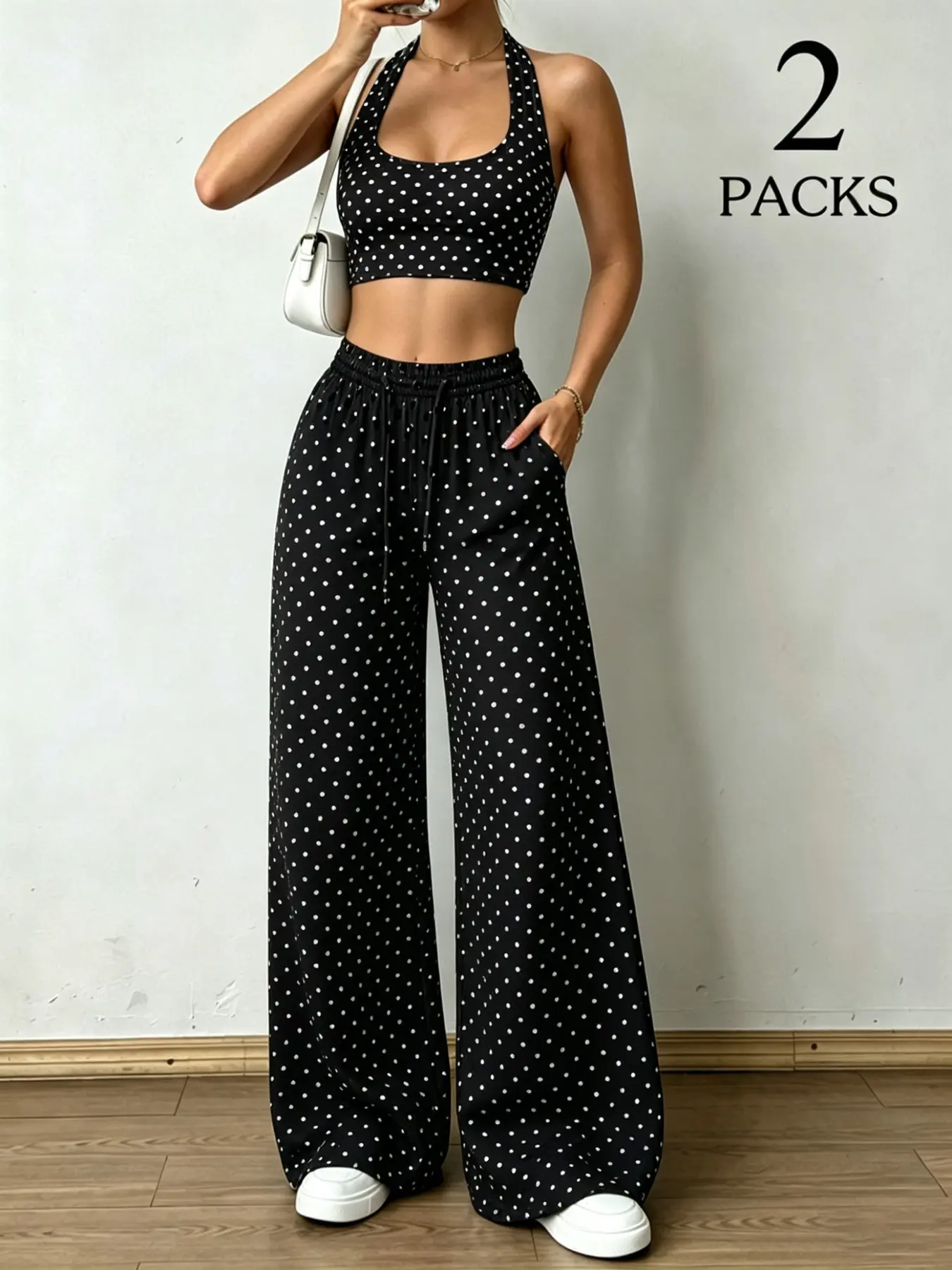 Polka Dot 2 Piece Outfits for Women, Halter Neck Crop Top and Elastic Waist Wide Leg Pants Set, Casual Summer Streetwear Loungewear, Going Out Matching Sets, Boho Fashion Trendy Outfit Ideas for Teen Girls, Womenswear