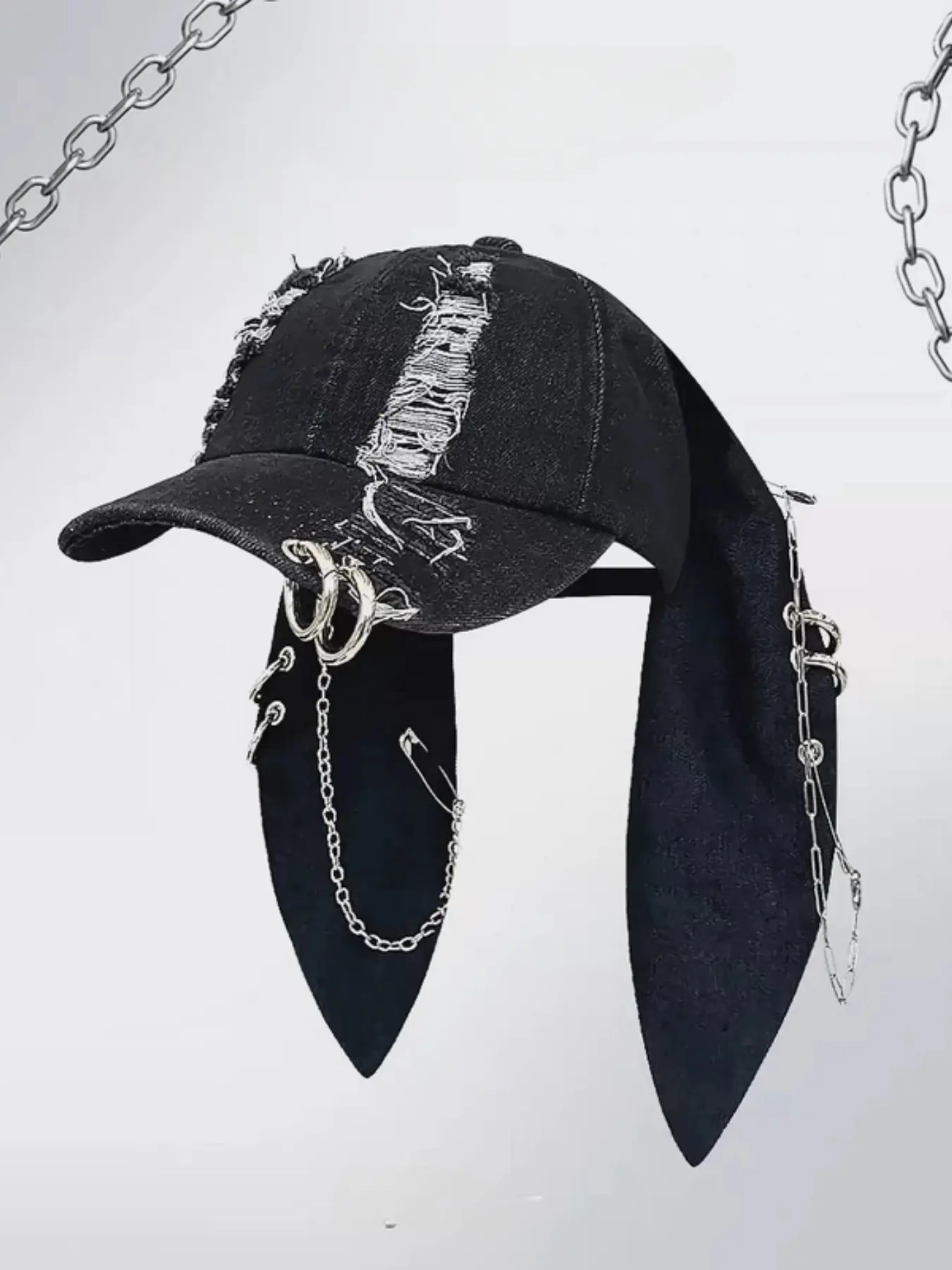 Unisex Wasteland Style Bunny Ear Baseball Cap, Punk Denim Adjustable Trucker Hat with Chain, Streetwear Hip Hop Costume for Halloween Party