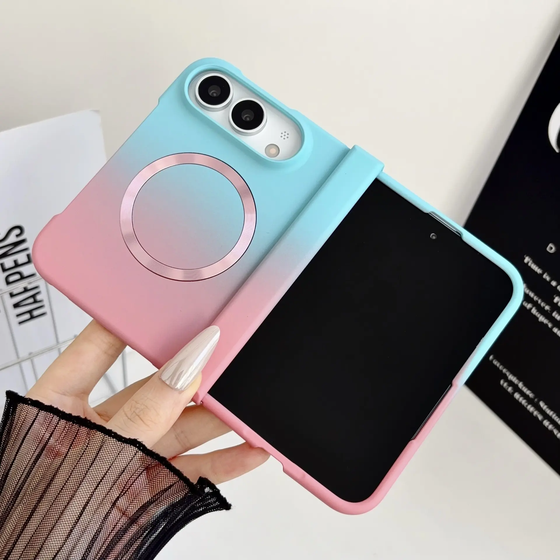 Folding Smartphone Protective Casing, Gradient Color Cellphone Case with Magnetic Attachment, Full-Coverage Dual-Axis Hard Shell for iPhone Duo Foldable Phone