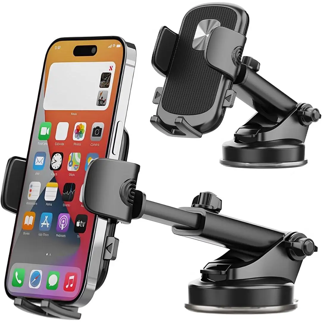 Automotive Cell Phone Holder - Suction Cup Dashboard Clamp Mount, Quick Release Extendable Arm, Vibration Cushion, PC+TPU Blend Accessory for SUV/Sedan/Cab, Phone Holding
