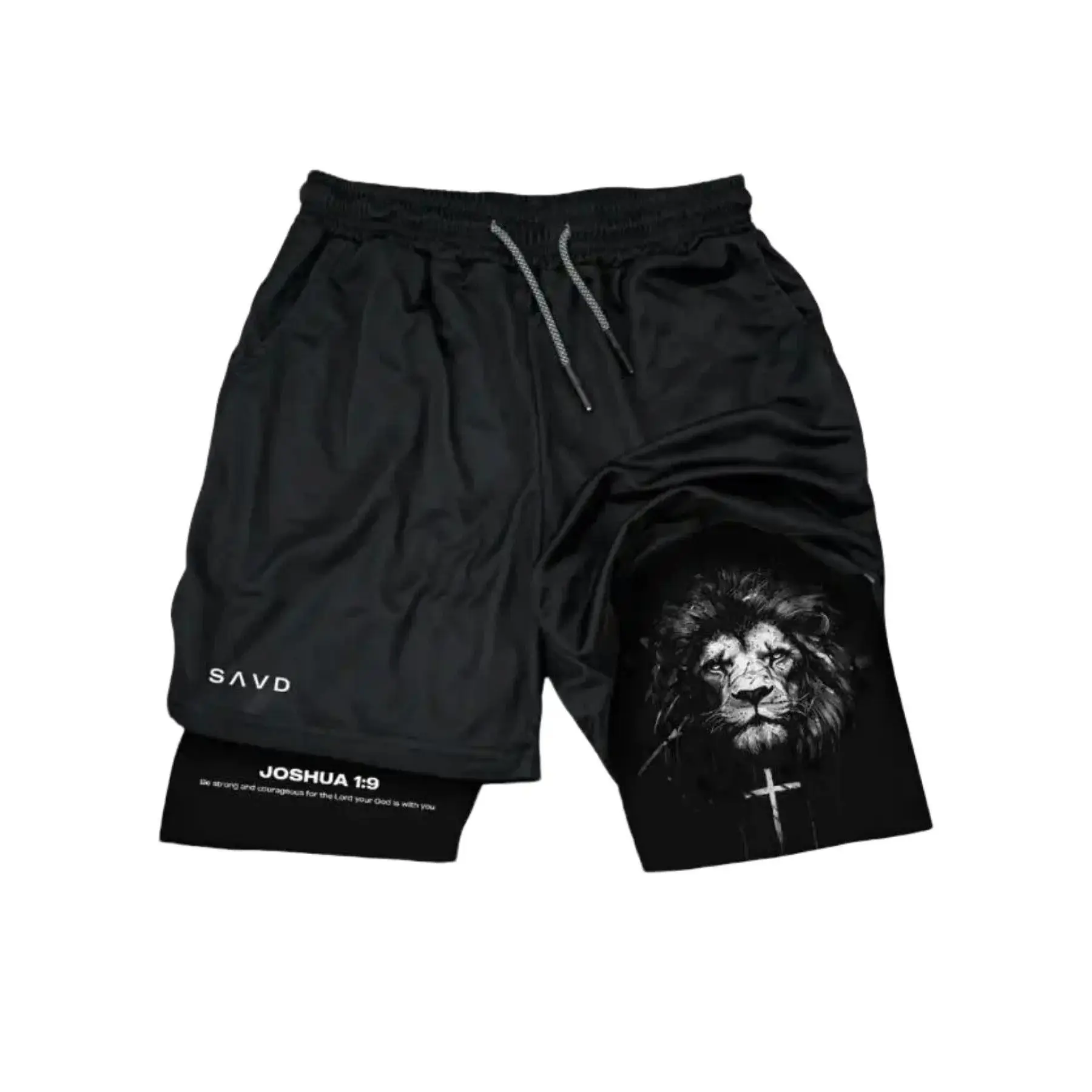 Loose-Fit Athletic Sports Shorts with Joshua 1:9 Lion Graphic, Unisex Polyester Dual Layer Shorts for Basketball & Training, Activewear Shorts, Gym Sports Shorts