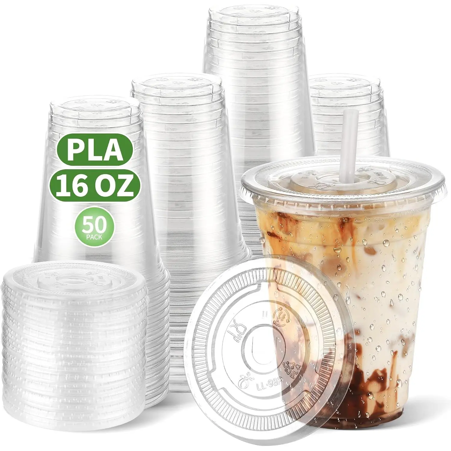 16 OZ Compostable Clear Plastic Disposable Iced Coffee Cups with Flat ,  Cold Drinking To Go Coffee Cups for Party Smoothie, Slushy, Milkshake Lemonade 50 Sets