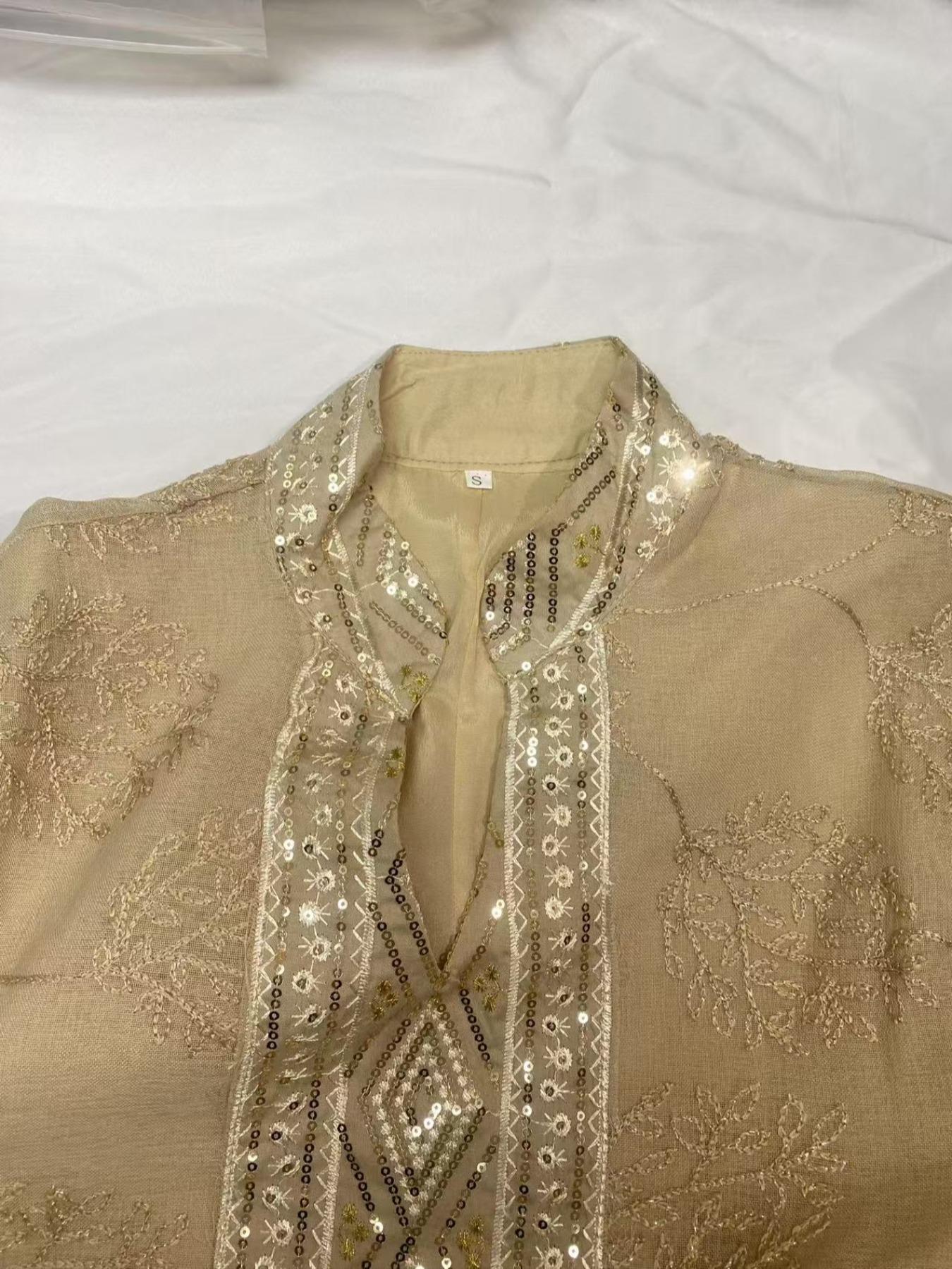 Women's Embroidery Long Sleeve Woven Dress,Elegant Fringe Trim Arabic Clothing for Party Evening Formal Occasions,Ladies Clothes for All Seasons