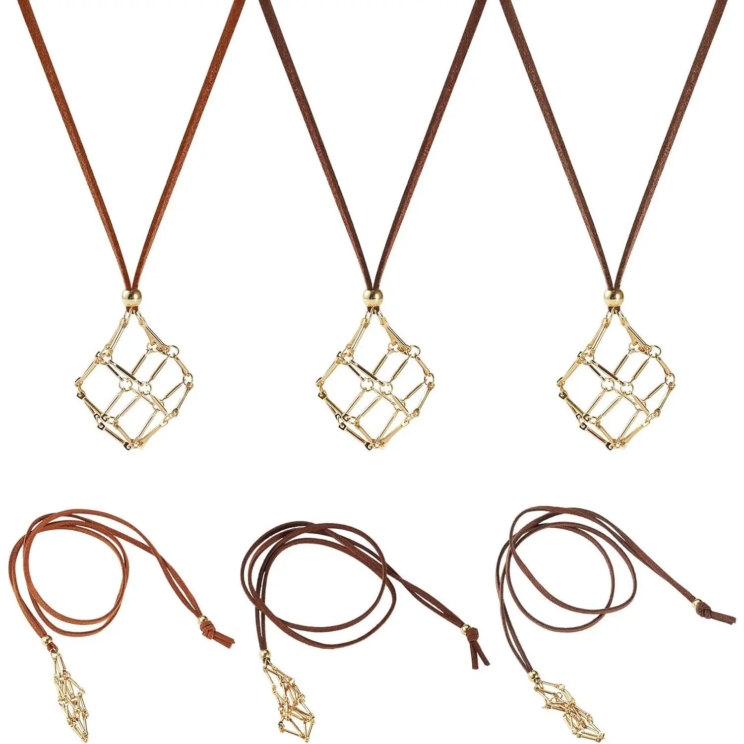 Necklace Holder Macrame Pouch Empty Stone Holder Necklaces with Brass Pendants Long Colorful Braided  Cage Necklace Cords for DIY Pendant  Making