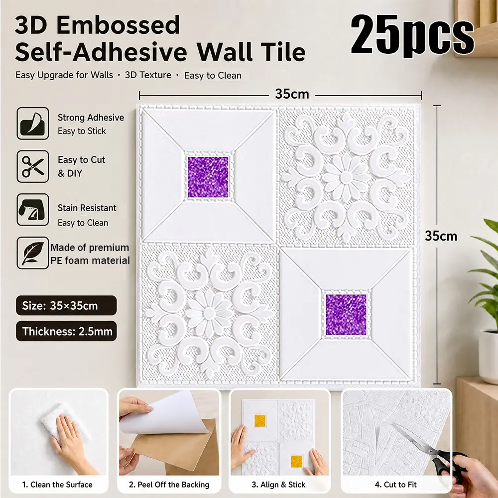 25 Pcs 35×35cm 3D Embossed Self-Adhesive Wall & Ceiling Stickers, Strong Coverage Removable Peel and Stick Wall Panels, Free Cuttable Decorative Tiles for Living Room Dining Room Bedroom Indoor Wall Ceiling Decoration