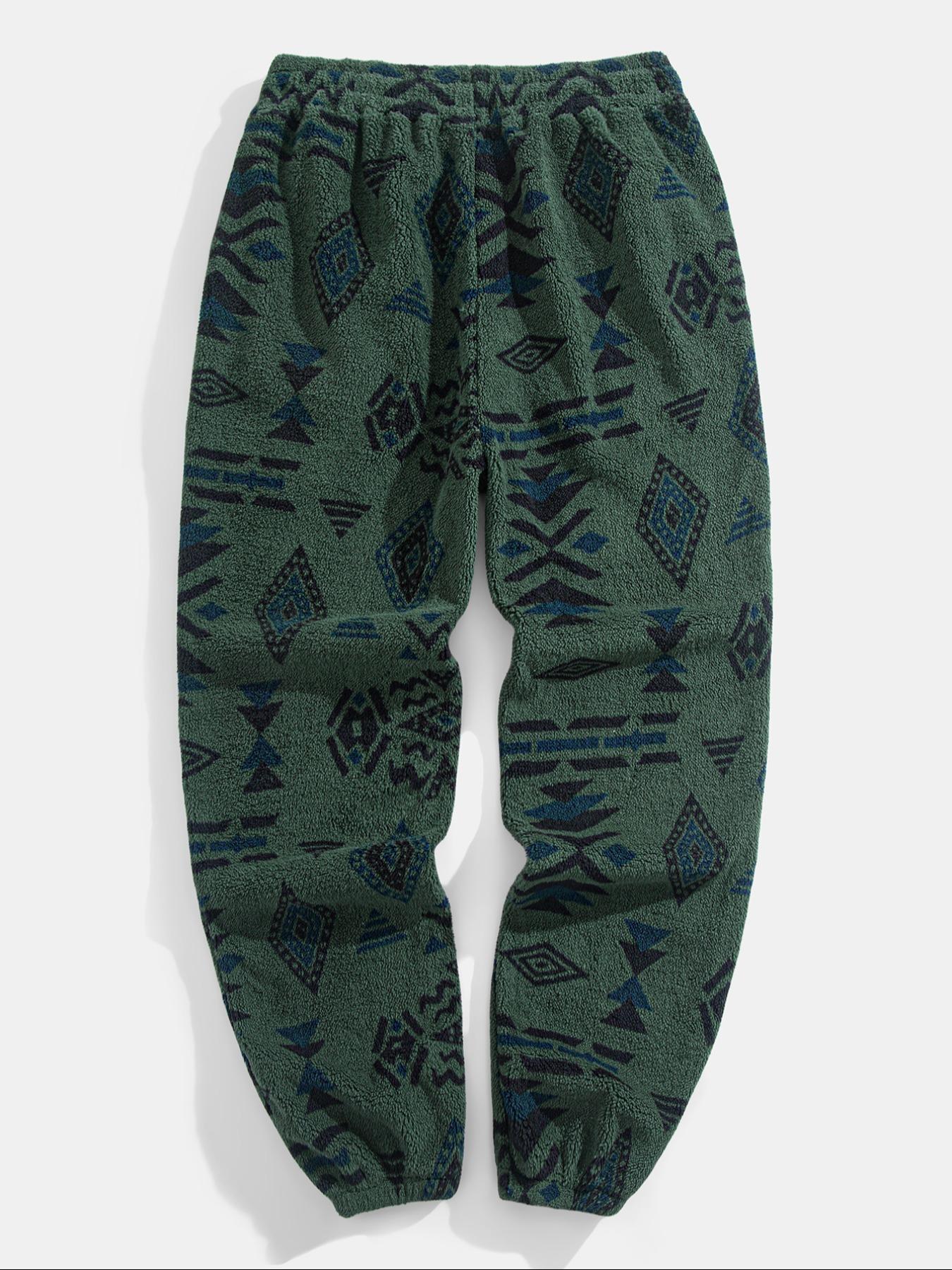 Men's Random Ethnic Pattern Drawstring Waist Thermal Pants, Loose Casual Pocket Design Bohemian Street Trousers for Fall & Winter, Men's Bottoms for Daily Wear