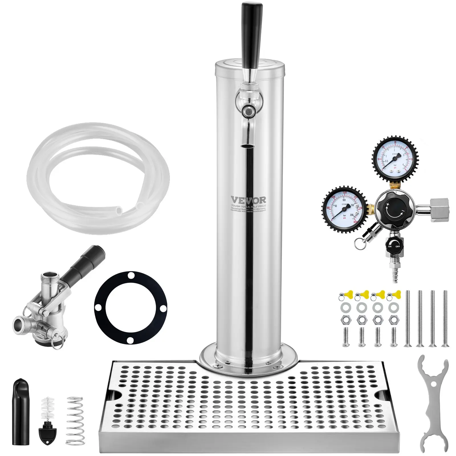 VEVOR Kegerator Tower Kit, Single Tap Beer Conversion Kit, Stainless Steel Keg Beer Tower Dispenser with Dual Gauge CGA320 Regulator D-System Keg Coupler, Beer Drip Tray for Party Home