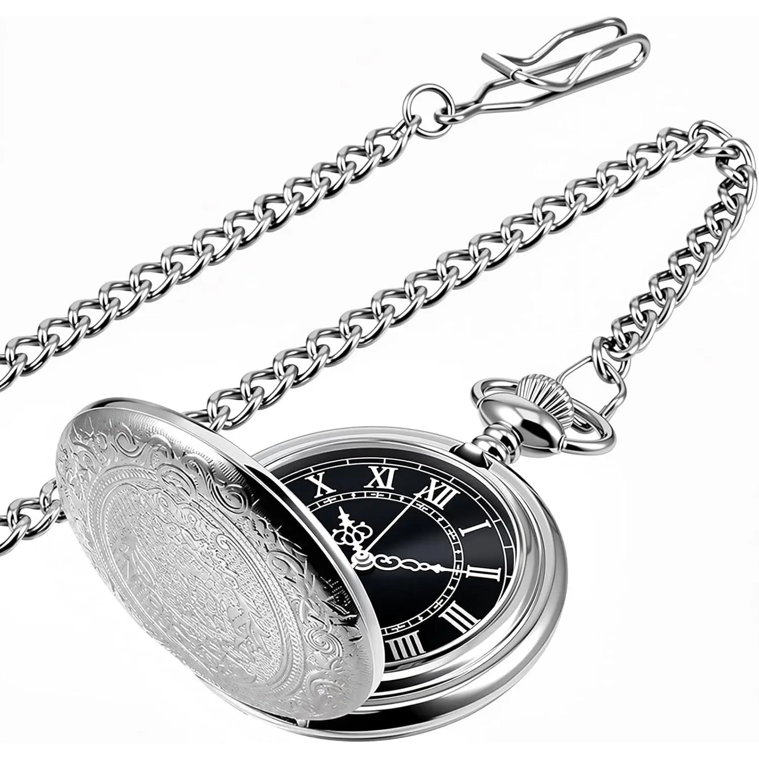 Men's Vintage Quartz Pocket Watch - Silver, Black Dial, Roman Numerals Chain, Formal Wear Accessory, Unique Gifts for Man, Retro Christmas Birthday Gift