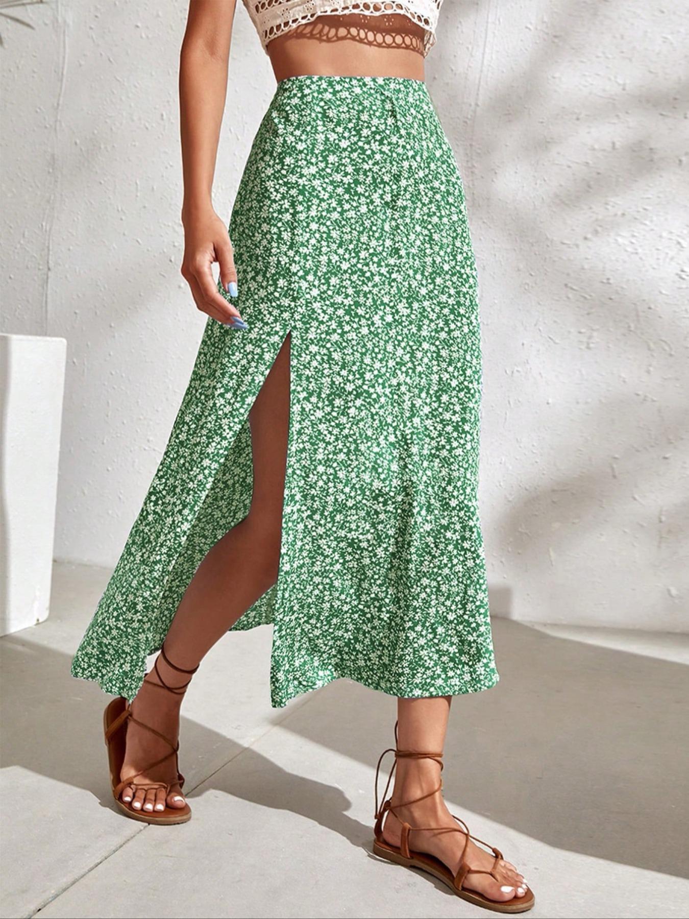 Women's Ditsy Floral Print Split Thigh A Line Skirt, Boho Bohemian Casual High Waist Midi Skirt for Beach Holiday Vacation, Summer Outfits 2024, Ladies Summer Clothes, Womenswear Bottom Women's Ditsy Floral Print Split Thigh A Line Skirt, Boho Bohemian Casual High Waist Midi Skirt for Beach Holiday Vacation, Summer Outfits 2024, Ladies Summer Clothes, Womenswear Bottom