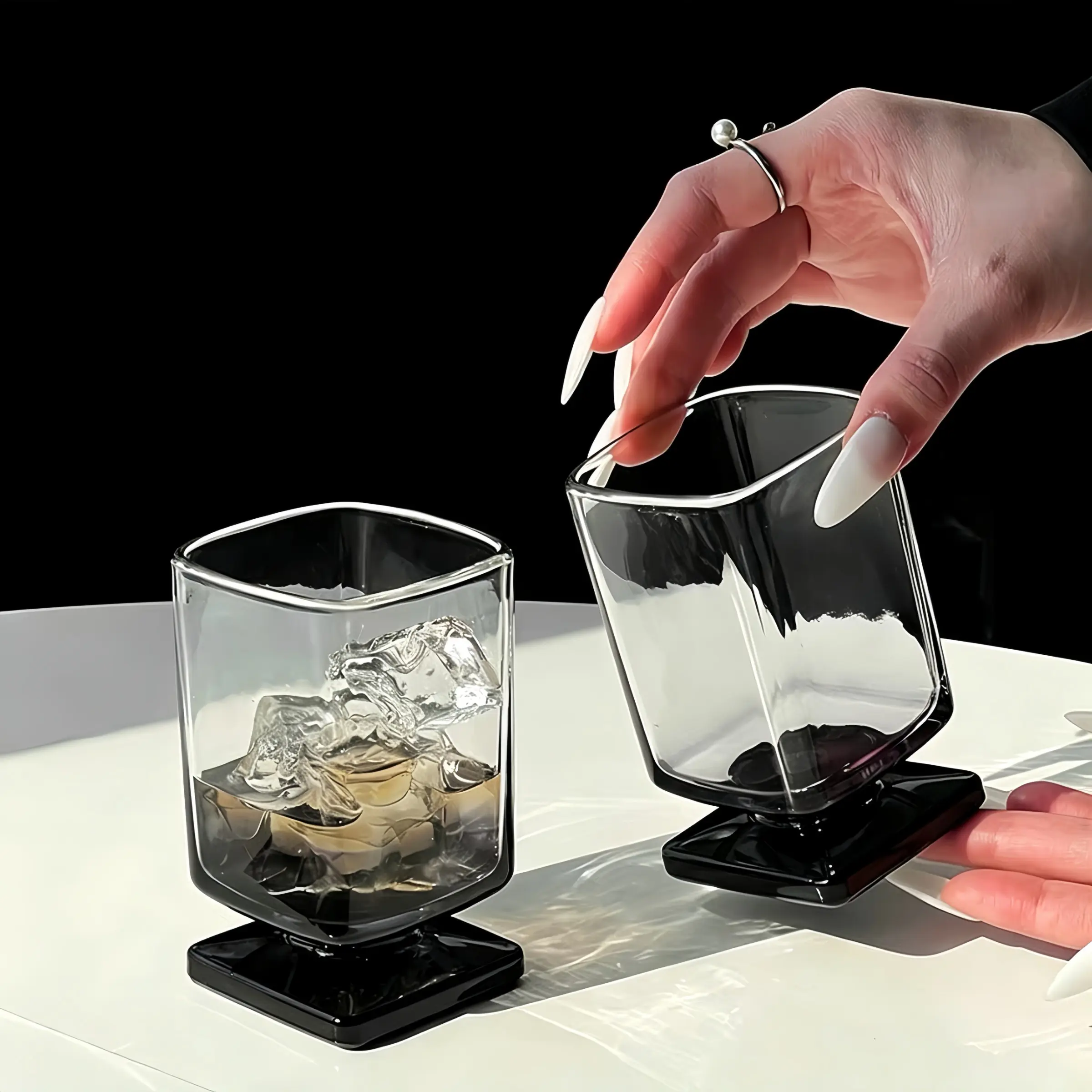 Square Glass Cups, Drinkware, Melard Short Stem Design, Gradient, Durable & Stylish, Ideal for Cocktails, Juices, Whiskey, Home, Bar, Office