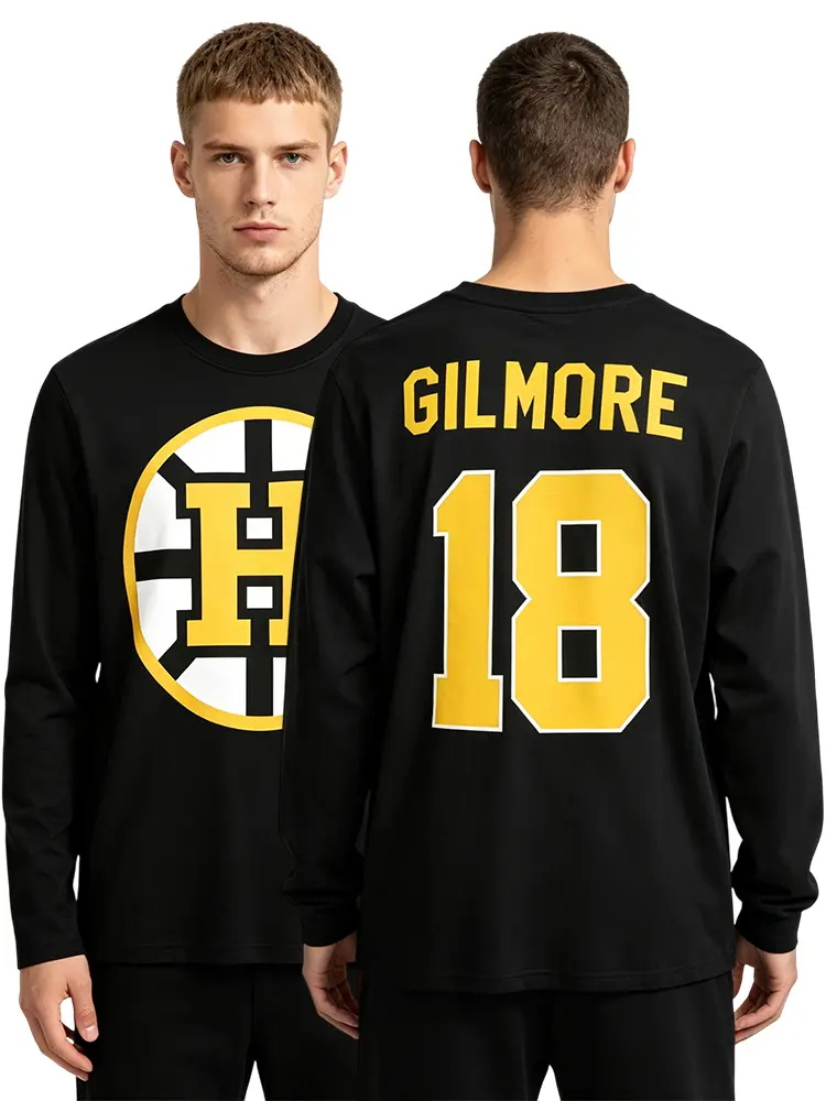 Happy Gilmore #18 1996 Movie Ice Hockey Jersey Style Printed Crew Neck Long Sleeve T-Shirt, 100% Cotton Graphic Athletic Tee, Breathable Sports Top, Casual Streetwear, 90s Hip Hop Fashion, Halloween Party Costume, Gift for Men Women, S-XXXL