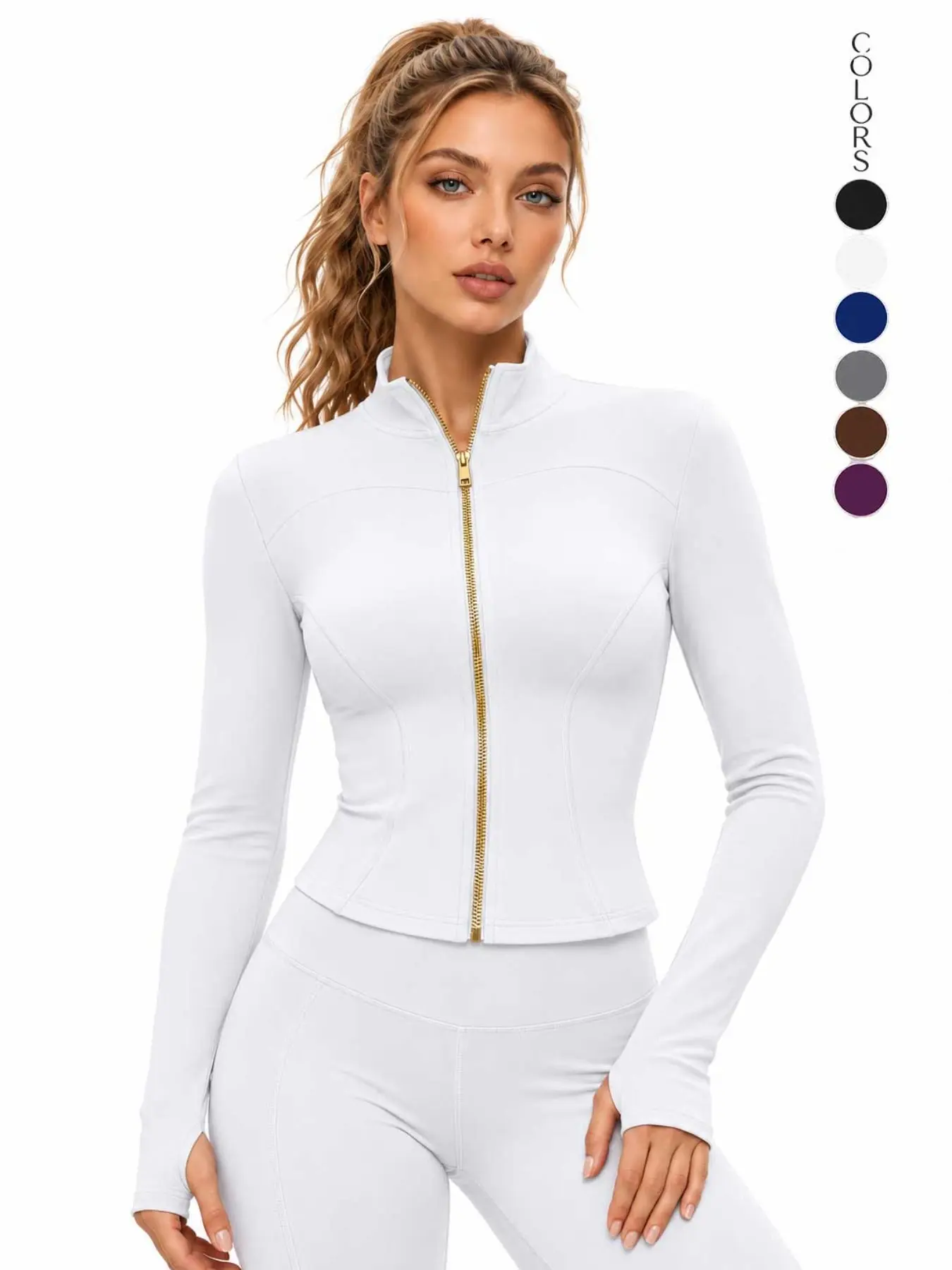 Women's Gold Zipper Yoga Jacket, Stand Collar Long Sleeve Athletic Jacket, High Elastic Cinched Waist Slim Fit Tight Sportswear With Thumb Holes, Pilates Fitness Top
