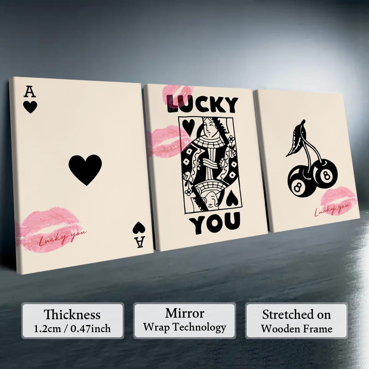 Wooden Framed Canvas Painting, 3 Counts/set Lucky Card Pattern Wall Art, Fashion Art Wall Decor, Modern Art Design, Home Decoration Poster for Living Room, Bedroom