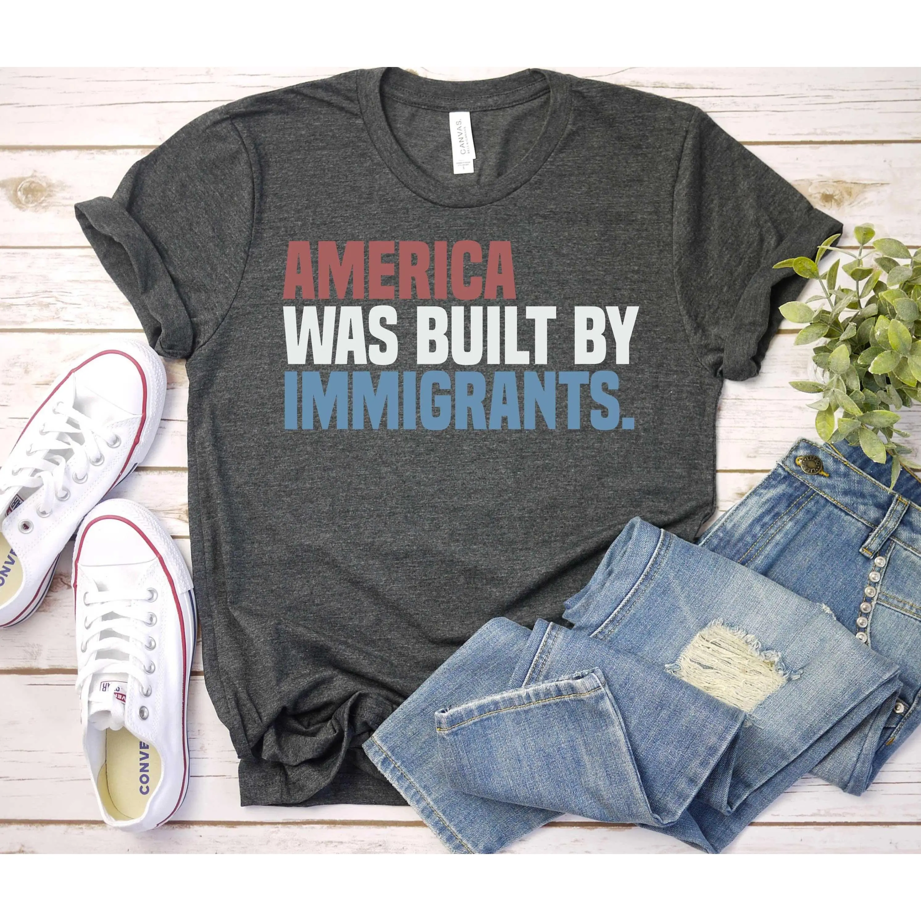 Women's America Was Built By Immigrants Quote Graphic Tee - Heavyweight Cotton, Loose Fit, Breathable, Casual, Round Neck, Regular, Smooth Drape, Clean Finish, Front Print Political Piece, Short-Sleeve, Everyday Sports Top, Trending Streetwear Gift