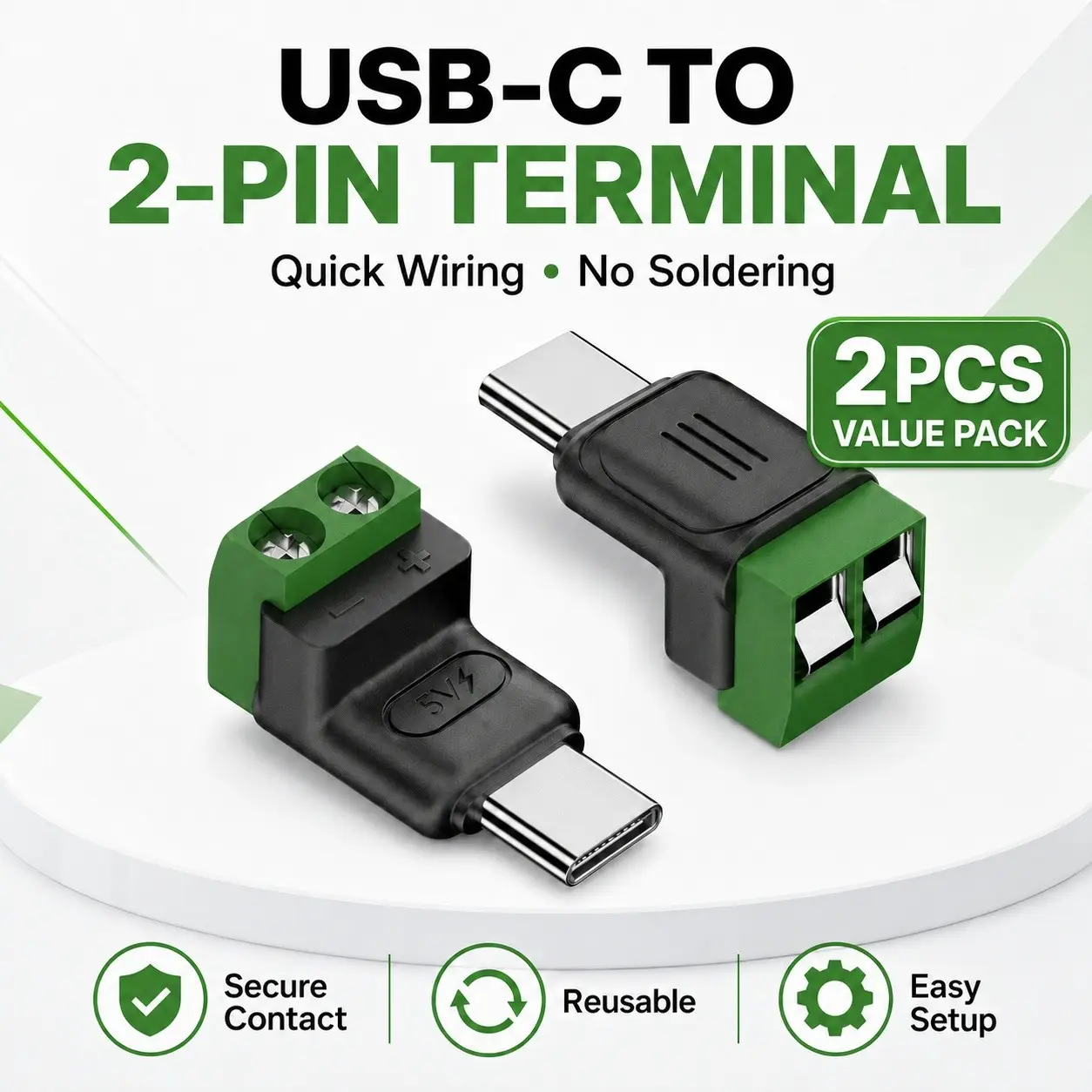 2PCS USB-C Male to 2-Pin Screw Terminal 5V Power Adapter, Solderless Power Output Connector