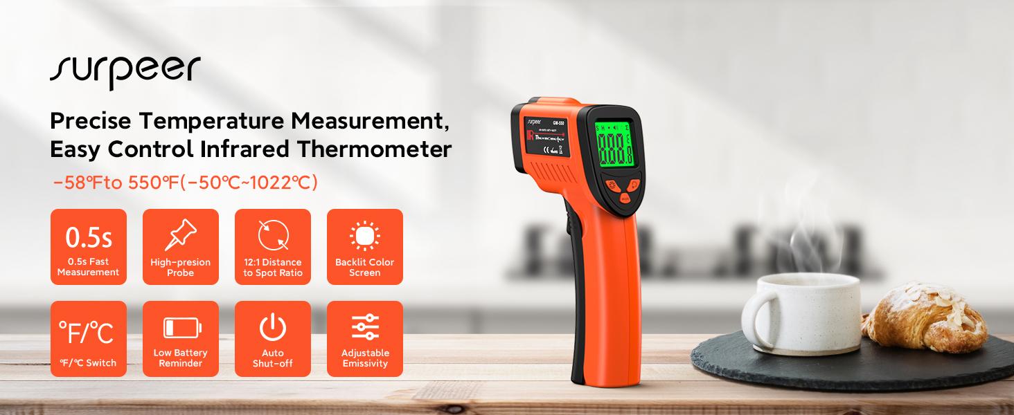 12:1 Infrared Thermometer Temperature Gun, Non-Contact Laser IR Temp Gun (-58 ° F to 1022 ° F/-50 ° C to 550 ° C), for Cooking, Pizza Ovens, BBQ, Grilling, and Reptiles