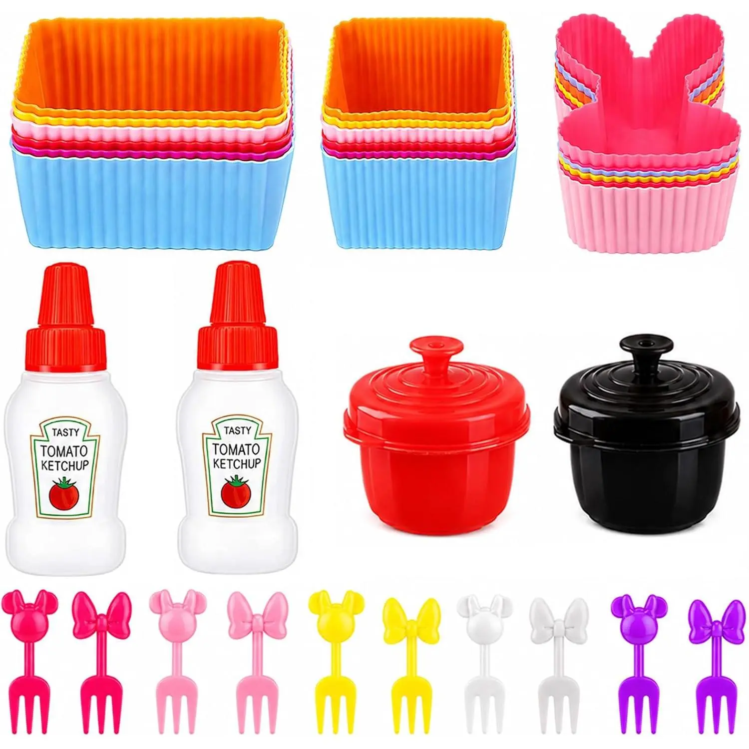32 count Bento Box Accessories Set,  Lunch Box Dividers Mini Ketchup Bottle Salad Dressing Container and Fruit Picks, Cupcake Baking Cups Liners