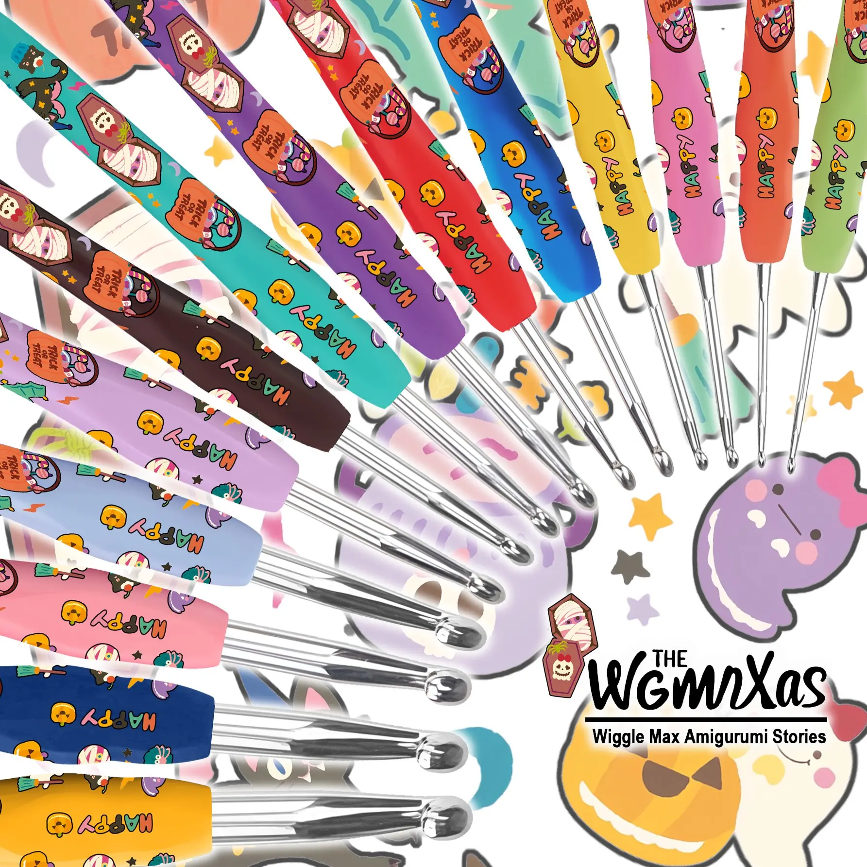Halloween Ghost Pattern Crochet Hooks, Multi-Color Ergonomic Soft Handle, Arthritis-Friendly, 2.0mm-10.0mm, Ideal for Knitting Enthusiasts