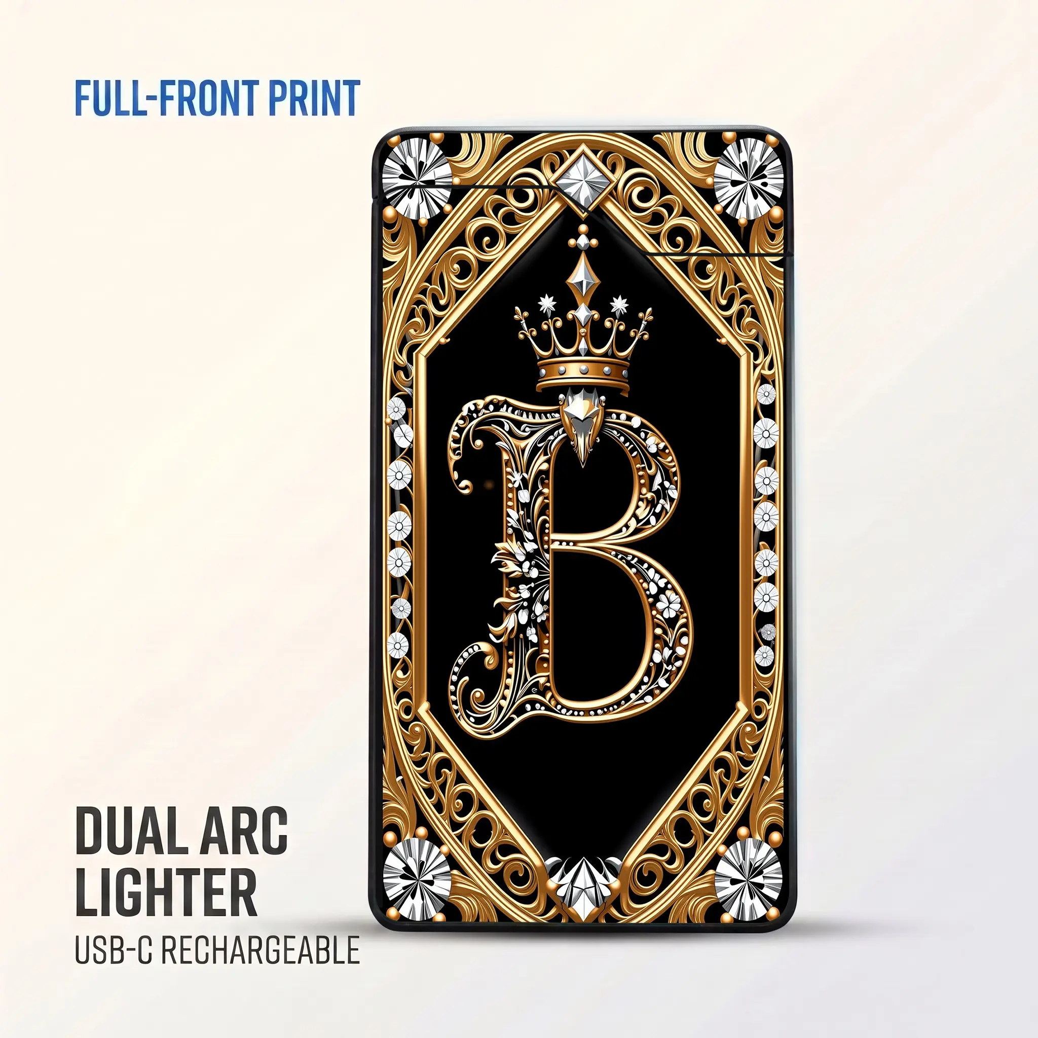 1pc Windproof Flameless Dual Arc Electric Lighter, Ornate Crown Letter B Black Gold Monogram, Type-C Rechargeable Plasma Arc Lighter, Metal Casing, Battery Level Display, Flip-Top Ignition, Gift Box, Initial B Birthday Gift for Men and Women,Powe,o,,taper