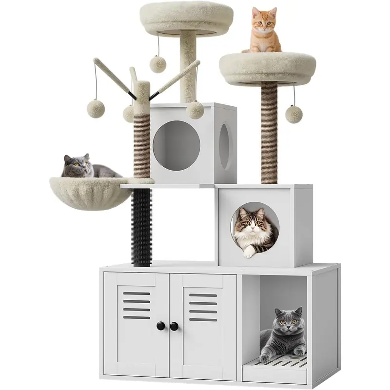 【IdealHouse】2-in-1 Modern Hidden Magnetic Litter Box Enclosure Wooden Dresser Cat Tree Tower - Cozy Kitten Condo with Hammock, Scratching Posts, Soft Perches, Ample Interior Space, Odor Control, Safe Materials for Indoor Cats (Private & Odor-Free Refuge)