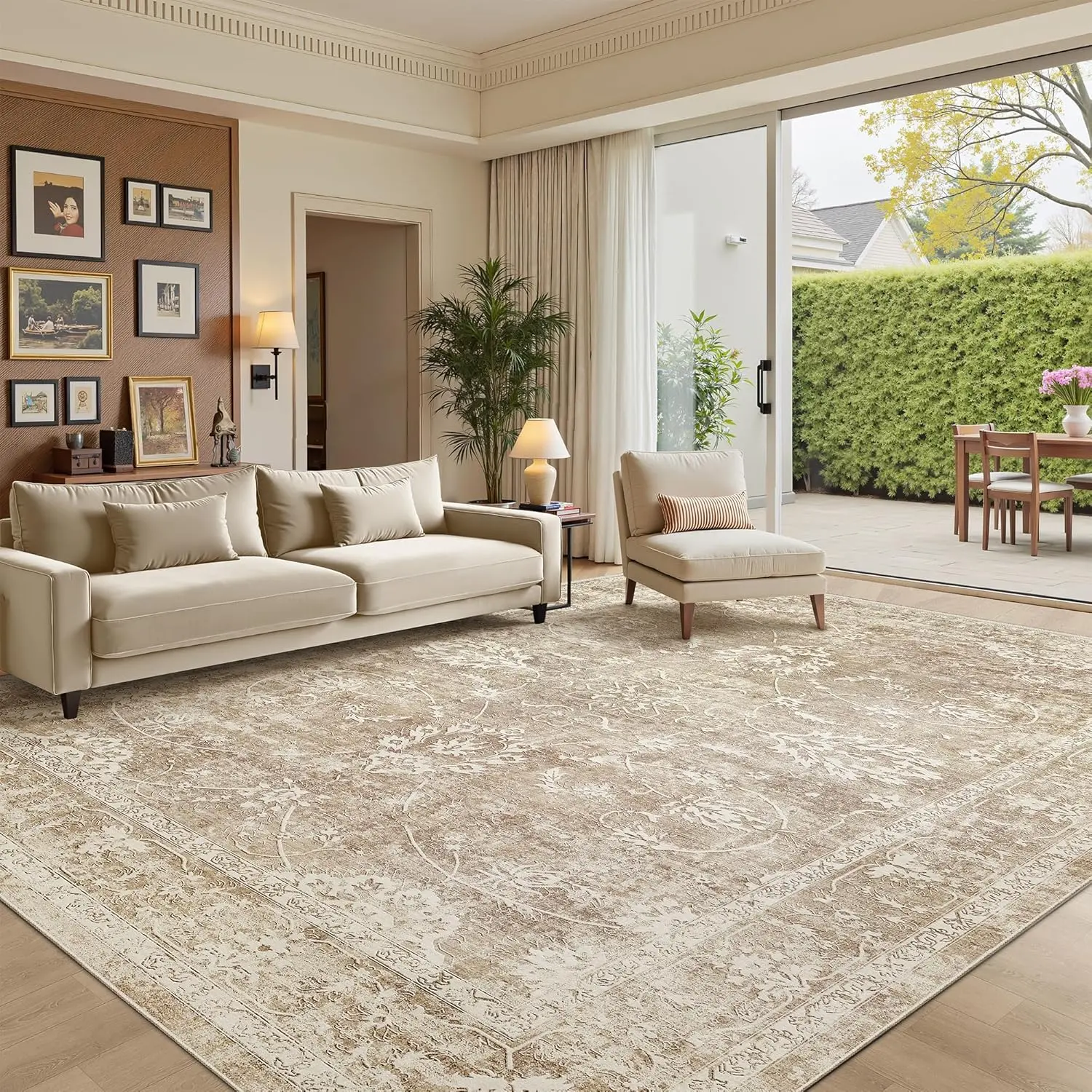 8x10 Area Rugs for Living Room, Machine Washable Vintage Neutral Rug with Non-Slip Backing, Soft Large Throw Rug, Thin Carpet for Bedroom Dining Room Farmhouse (8 x 10, Beige/Brown)