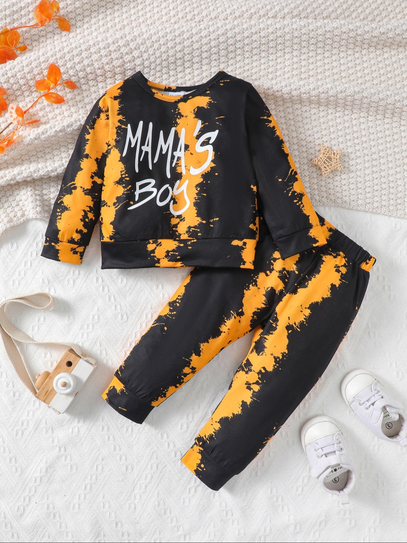 Boys' Tie-Dye Sweatshirt Set with Mama's Boy Print, Long Pants, Casual Fitted Style, Comfortable Spring & Fall, Sweatpants