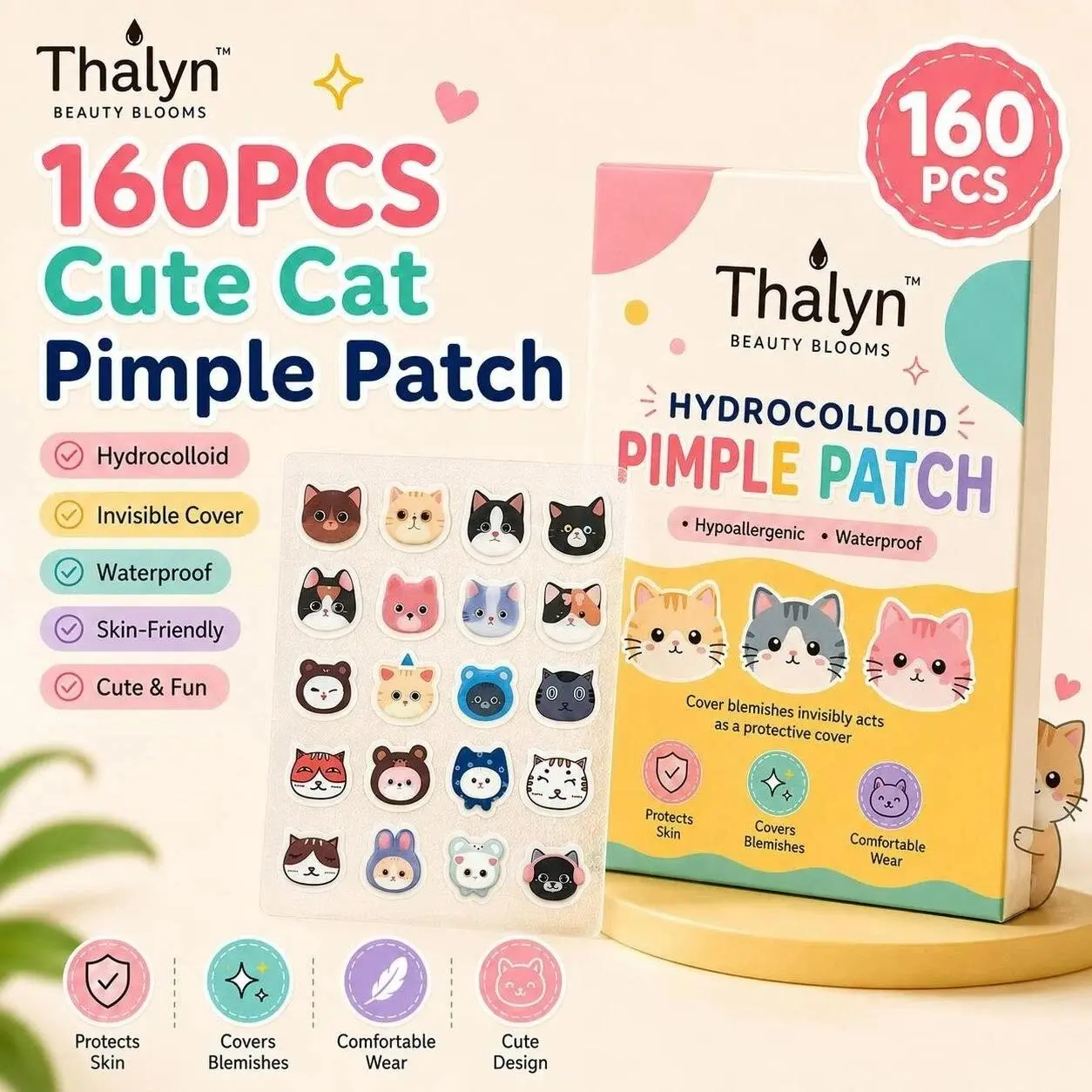 160 Pcs Cartoon Cat Hydrocolloid Acne Patches, 20 Cute Designs, Invisible Waterproof, Daily Face Care for Teen Girls, Acne Treatment