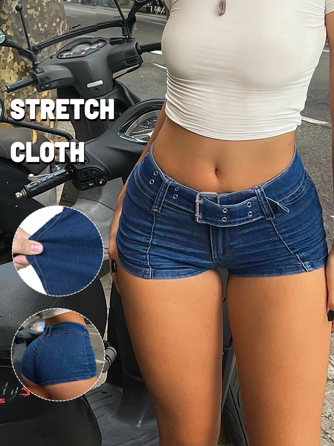 GILIPUR Women Low Waist Stretch Denim Shorts With Belt Skinny Bodycon Mini Jean Hot Shorts Club Y2K Streetwear Casual Summer Short Pants For Ladies Multiple ColorsChic