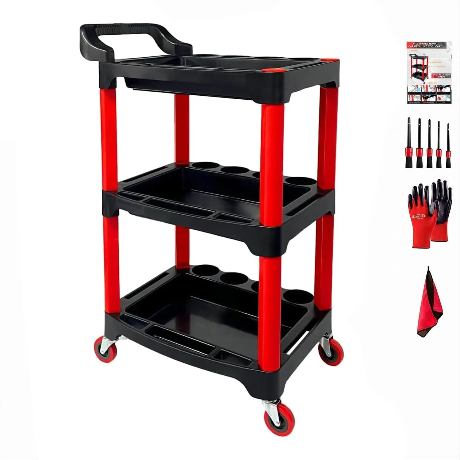 Auto Detailing Cart with Wheels, 3 Tier Rolling Detail Cart |  Wash Organizer for Detailers Garage, Workshop, Repair Shop, Storage Tool