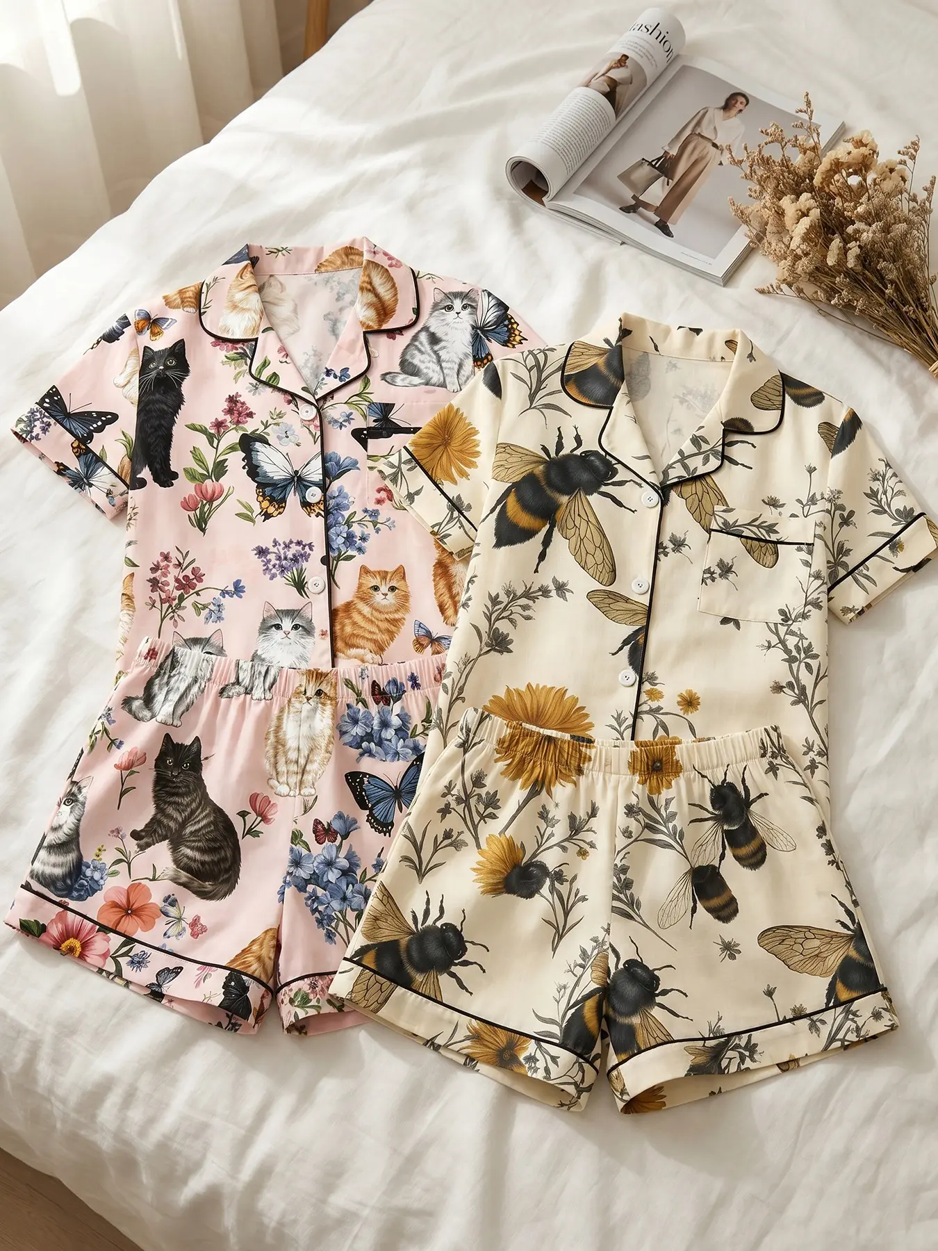 Women's 2 Piece Button Down Short Sleeve Top and Shorts Pajama Sets, Spring Summer Wear, Cottagecore Cat Bee Floral Print, Loose Fit Loungewear for Home