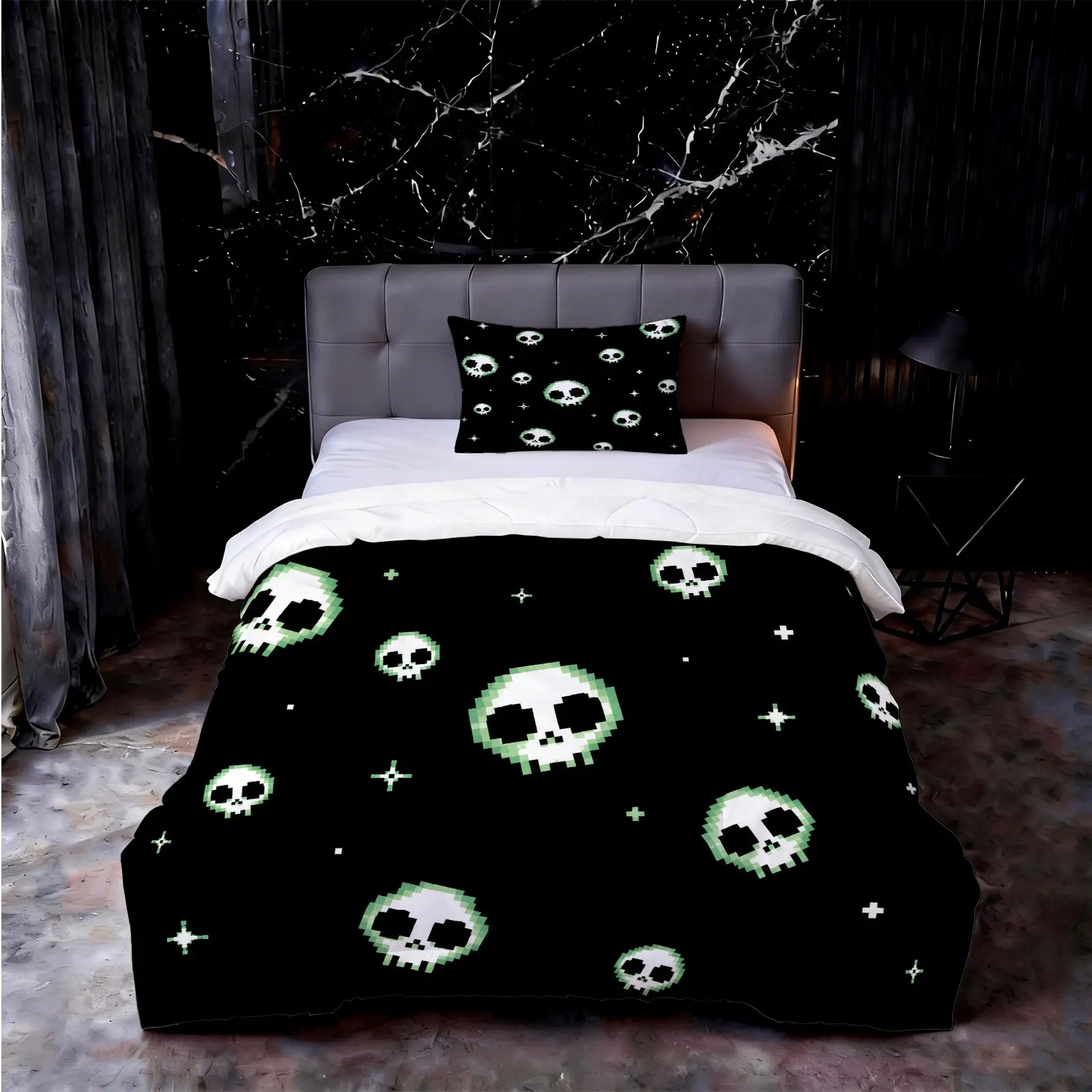 Cute Pixel Skull Print Quilt Set, 1 Quilt + 1/2 Pillowcases, without Pillow Inserts, Soft, Skin-friendly and Warm, Sweet Gothic Bedding, Suitable for Teens and Adults, Halloween Room Decor Gift