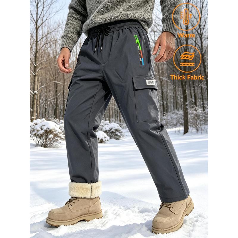 Men's Winter Plush Loose Regular Polyester Work Pants - Waterproof, Windproof, Functional Zip Pockets, Male Clothing for Outdoor Sports Skiing, Daily Street Wear