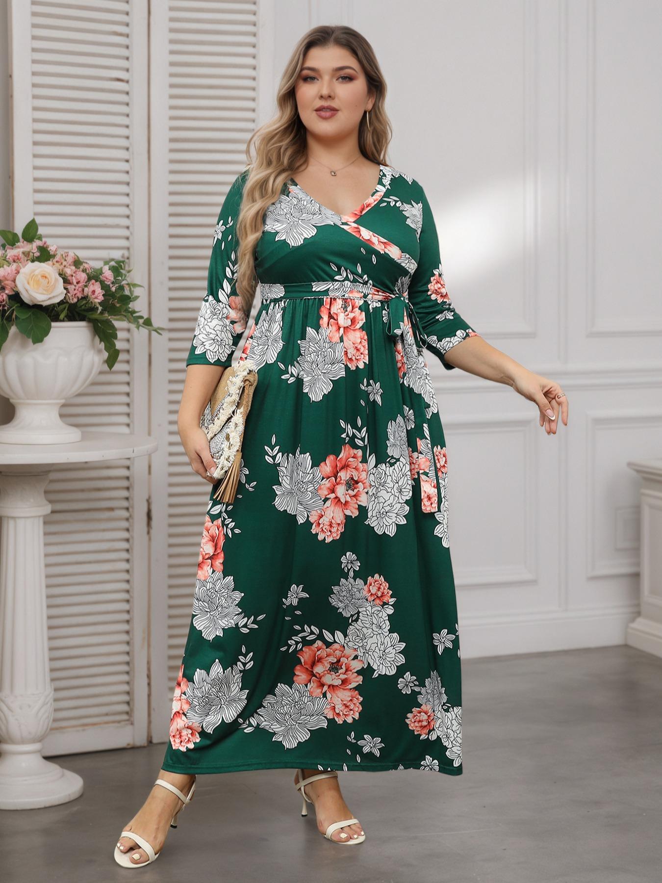 Women's V Neck Stretchy Casual Long Plus Size Dress, Perfect for Bridesmaids, Vintage Style Wedding & Party Wear, Comfortable All-Day Fabric