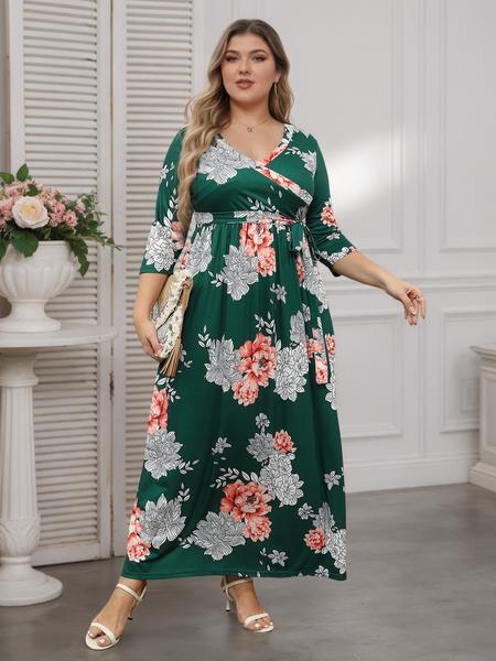 Women's V Neck Stretchy Casual Long Plus Size Dress, Perfect for Bridesmaids, Vintage Style Wedding & Party Wear, Comfortable All-Day Fabric